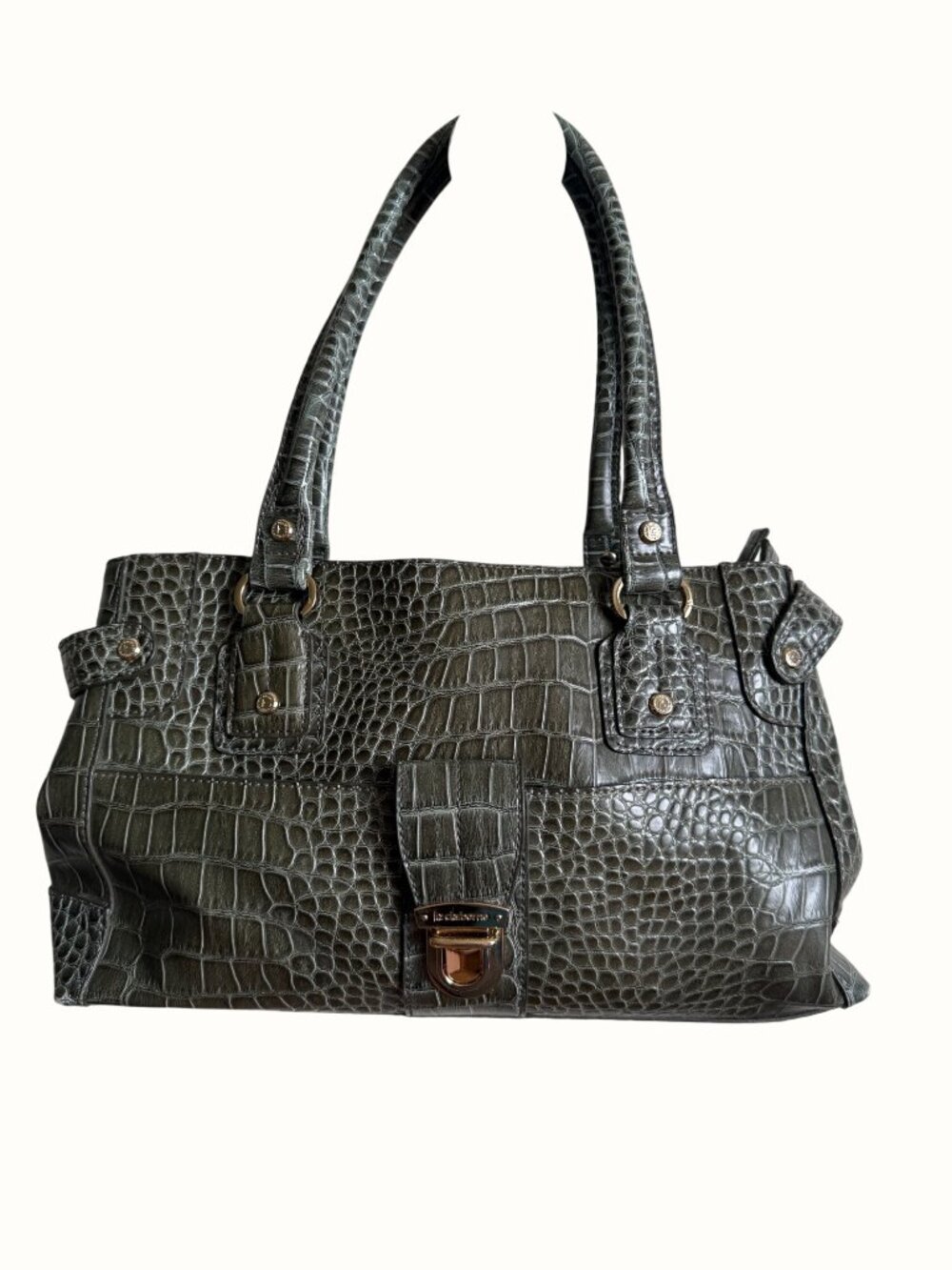 Liz Claiborne Croc Embossed Faux Leather Purse Gold-Tone Hardware Pockets Green